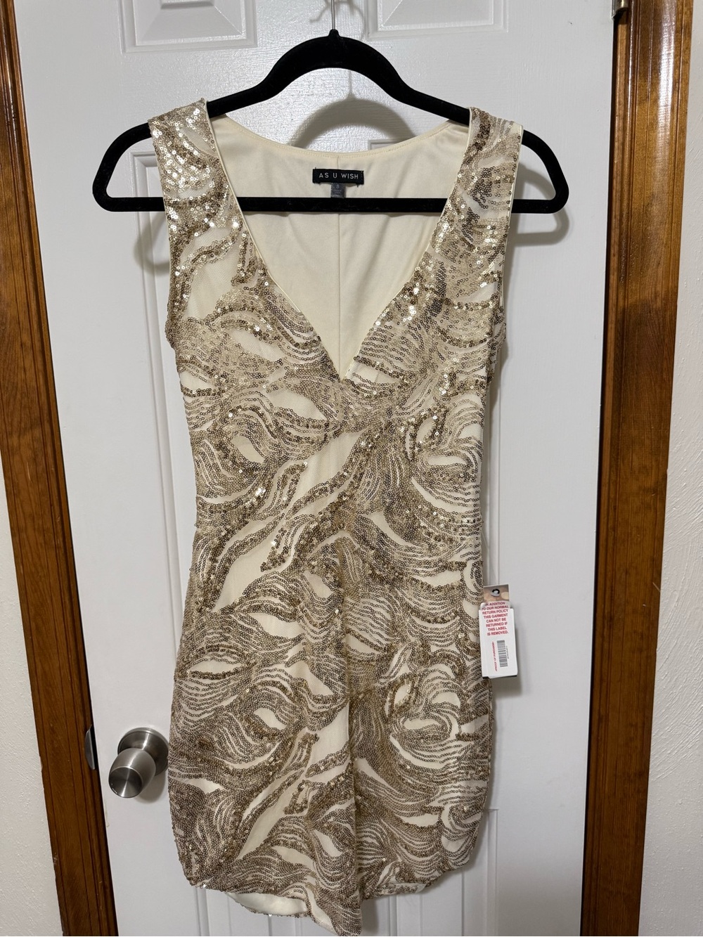 NWT As U Wish Gold & Cream Sequin Wave Mini Dress - V-Neck Party Size S